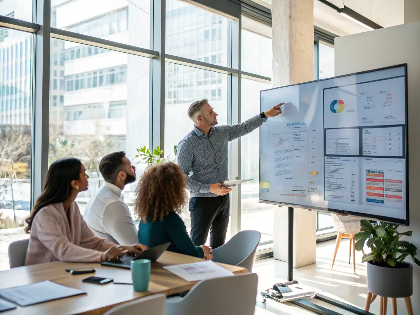 A team of consultants analyzing process workflows in a modern office, using charts and diagrams to identify areas for improvement and optimization.