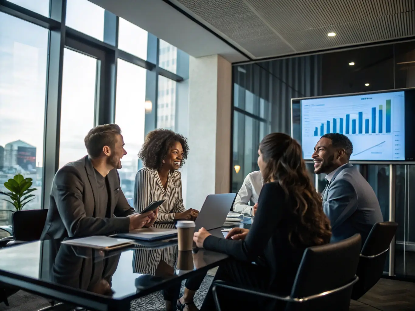 An image of a business team in a meeting, analyzing growth charts and strategic plans, representing Bissconnectkz's Business Development Consulting services.