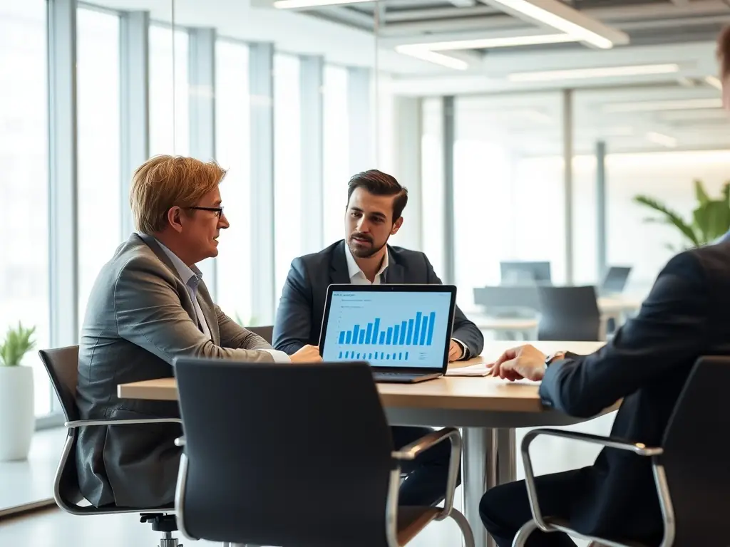 A consultant in a modern office setting, working with a client on a strategic business development plan, reviewing market analysis data and discussing growth opportunities.