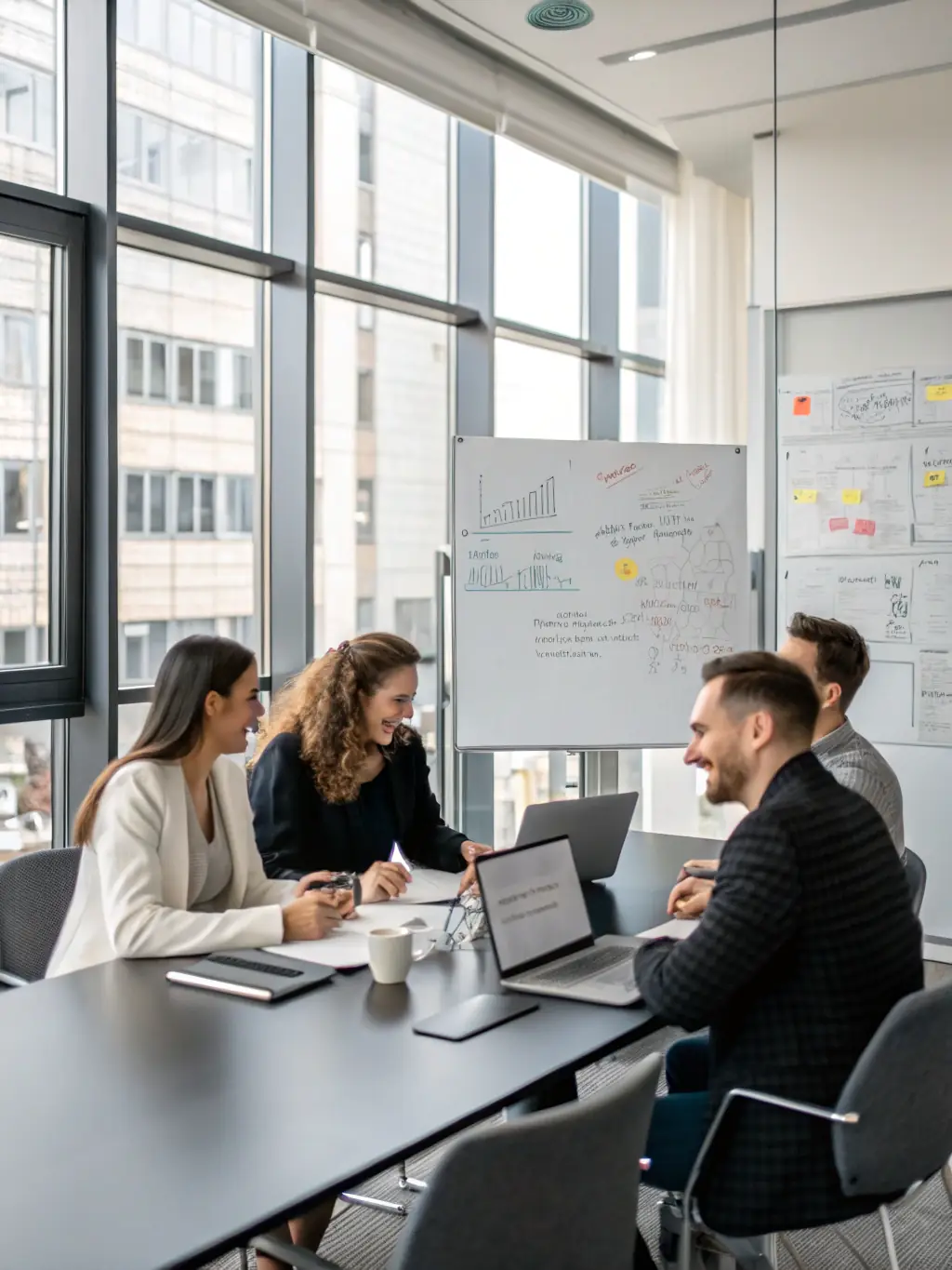 A team of consultants collaborating in a meeting room, discussing process optimization strategies, with diagrams and flowcharts on a whiteboard.