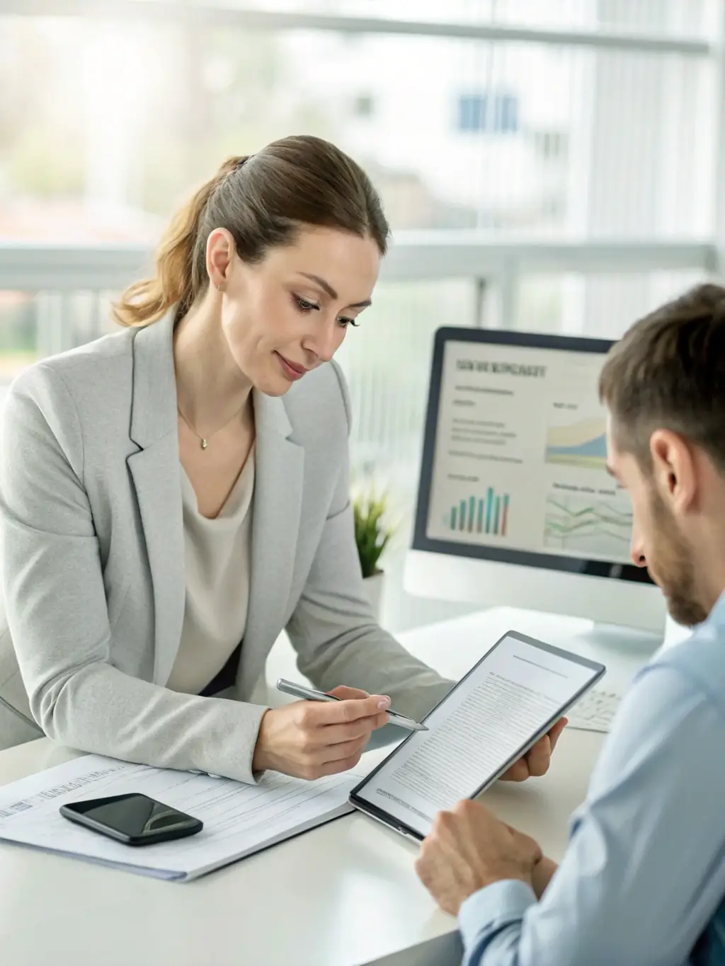 A consultant presenting a strategic plan to a client, with a focus on long-term goals and actionable steps, in a modern office environment.