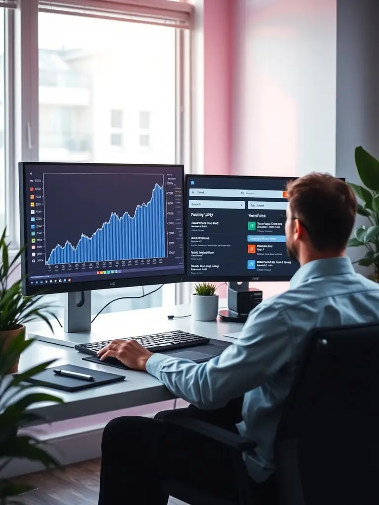 A consultant in a modern office setting, analyzing business data on a laptop, with charts and graphs displayed on the screen, representing business development strategies.